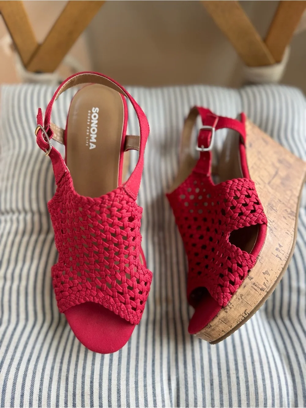 Sonoma Red Woven Crochet Cork Wedge Ankle Strap Platform Sandals Size 7.5